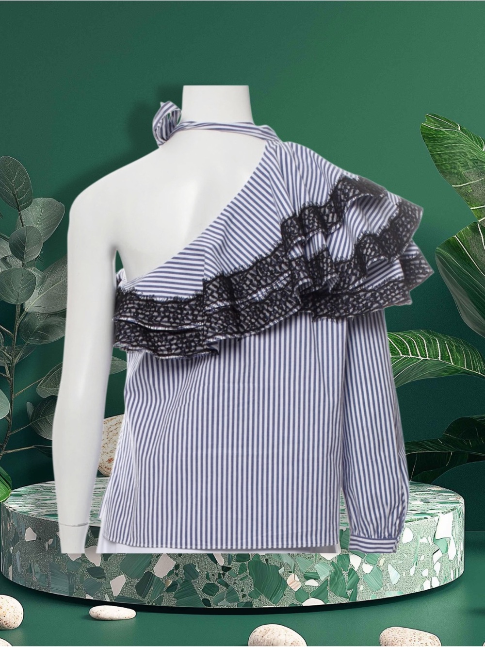 Veronica Beard Navy and White Striped One-Shoulder Ruffle Blouse - Picture 3 of 6
